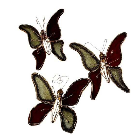 Vintage Handcrafted Fabric & Wire Decorative Butterflies Set of Three Hanging - Picture 2 of 10